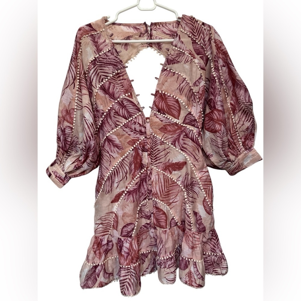 ASOS palm print structured mini dress with lace trim detail and puff sleeve